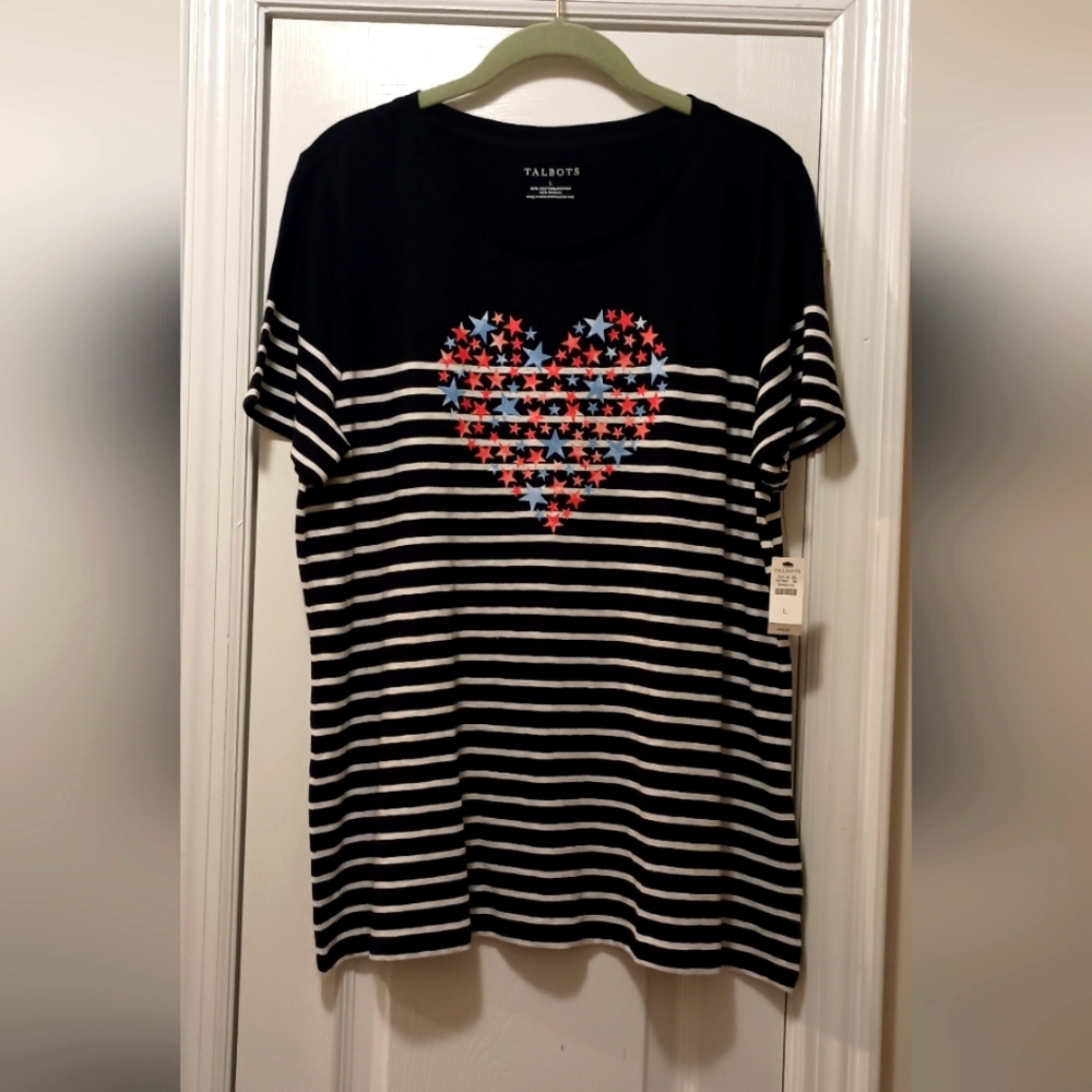 Talbots Black and White Striped Heart T-Shirt Size Large Nwts